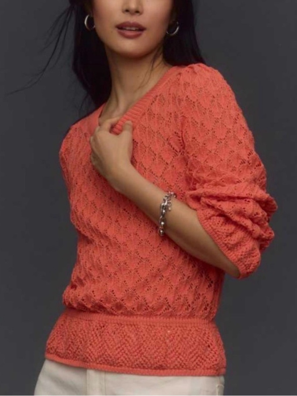 Anthropologie - NWT Flounce Hem Pointelle Ruffle Orange Lightweight Sweater XS